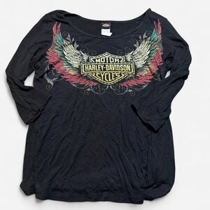 Harley-Davidson Black Long-Sleeve Wing Logo Tee with Multicolor Accents